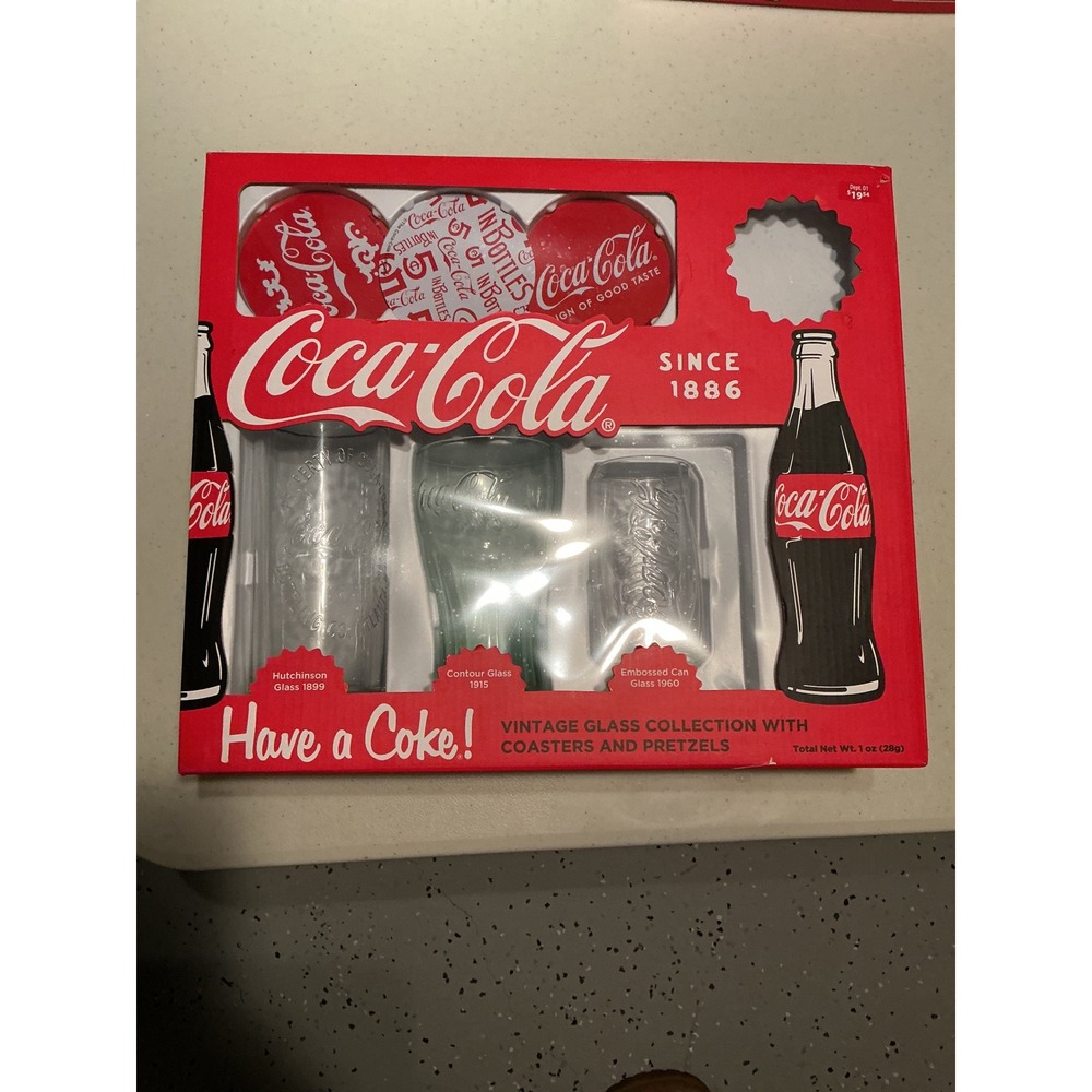 Coca-Cola Vintage Glass Collection Gift Set 3 Glasses Coasters Pretzels C955